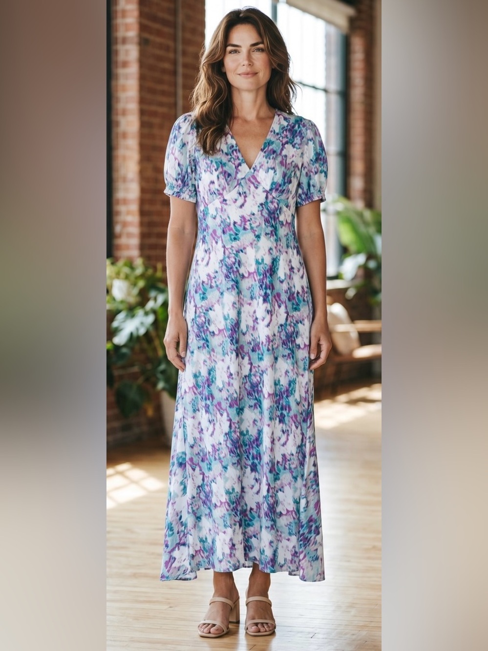a new day Watercolor Floral Maxi Dress in Purple & Teal